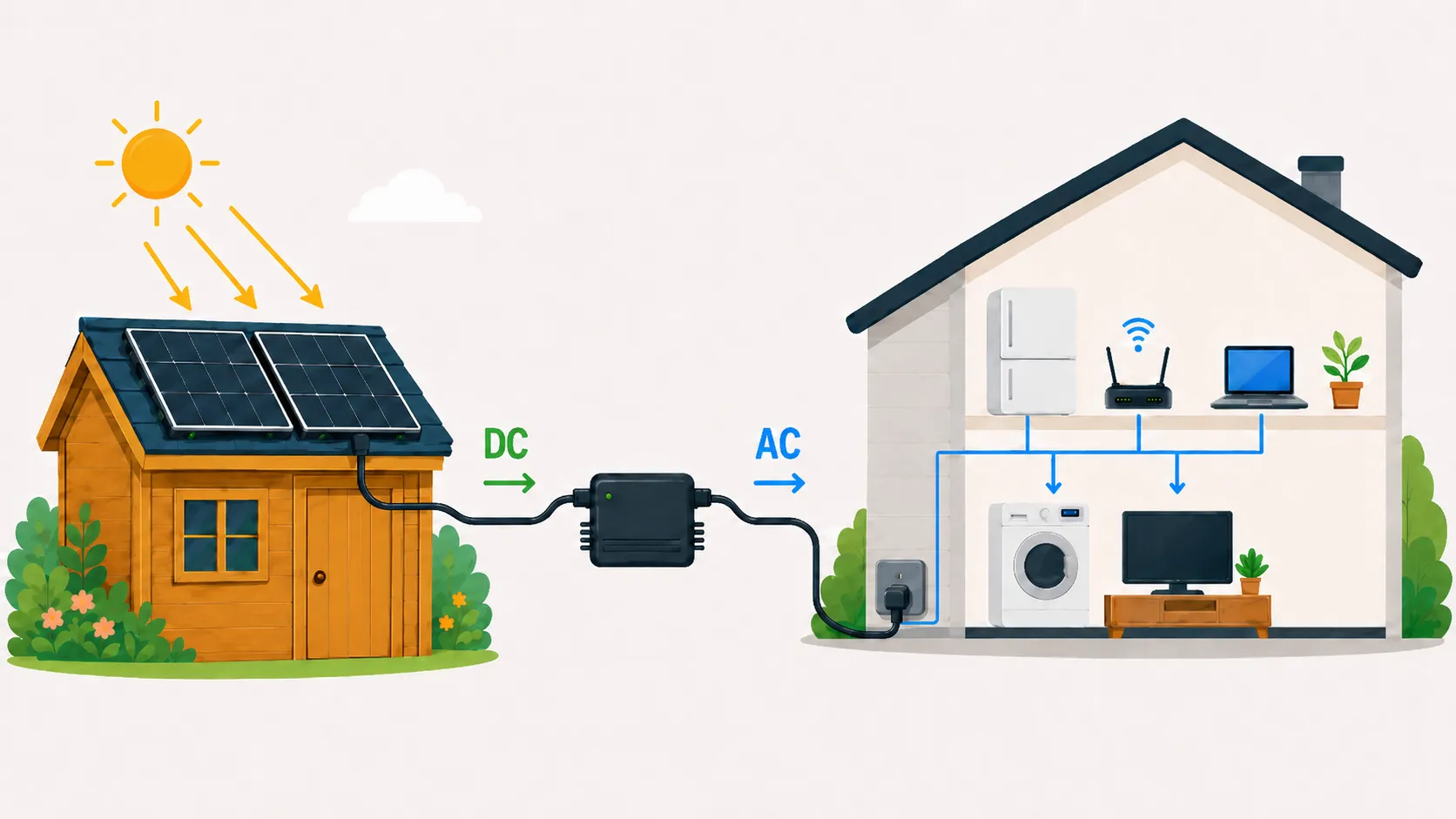 Diagram showing shed roof solar panels connected to a microinverter, outdoor UK plug socket and household appliances using the generated energy.