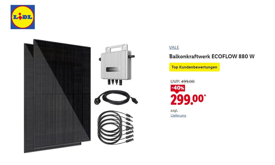 Lidl Germany product listing showing two VALE solar panels, an EcoFlow microinverter and cables, advertised at €299 before delivery