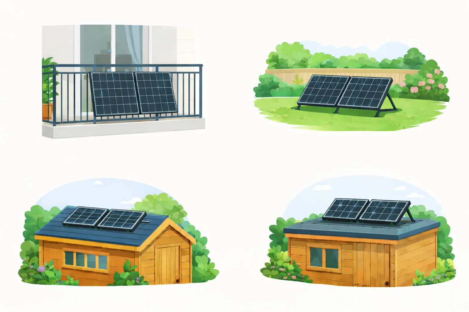 Examples of where plug-in solar panels can be placed, including a balcony, garden, shed roof and garage roof