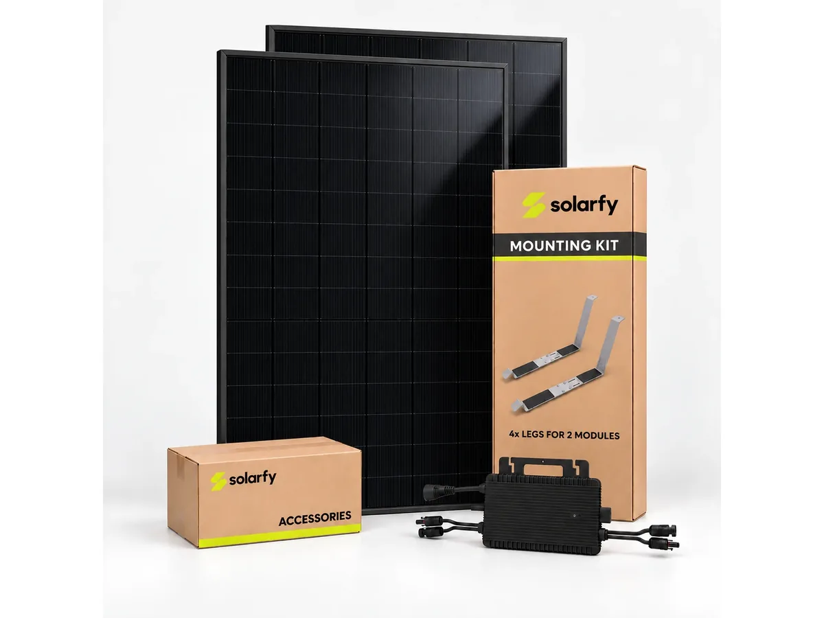 Solarfy Duo 910W two-panel plug-in solar kit with microinverter and mounting hardware