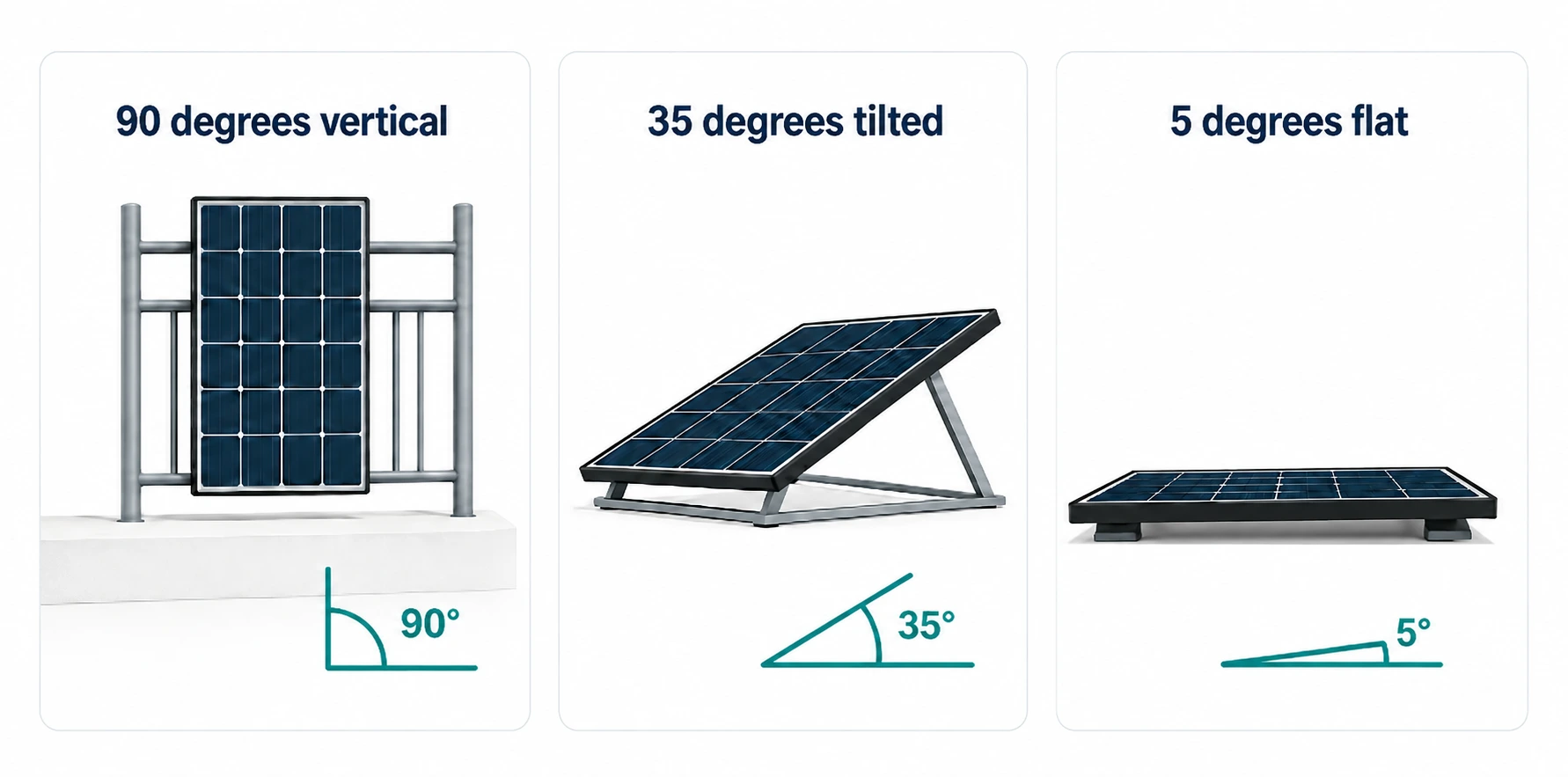 Diagram showing plug-in solar panels at 90, 35 and 5 degree angles