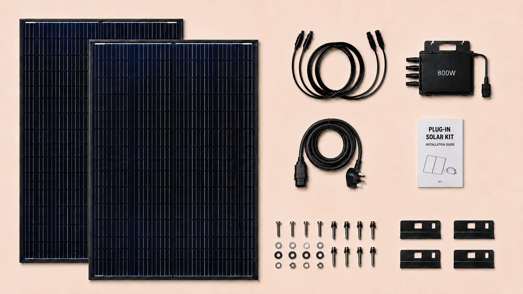 A typical two-panel plug-in solar kit, showing 2 x solar panels, a microinverter, DC cables, AC cable with UK plug, installation manual and manufacturer-approved mounting parts.